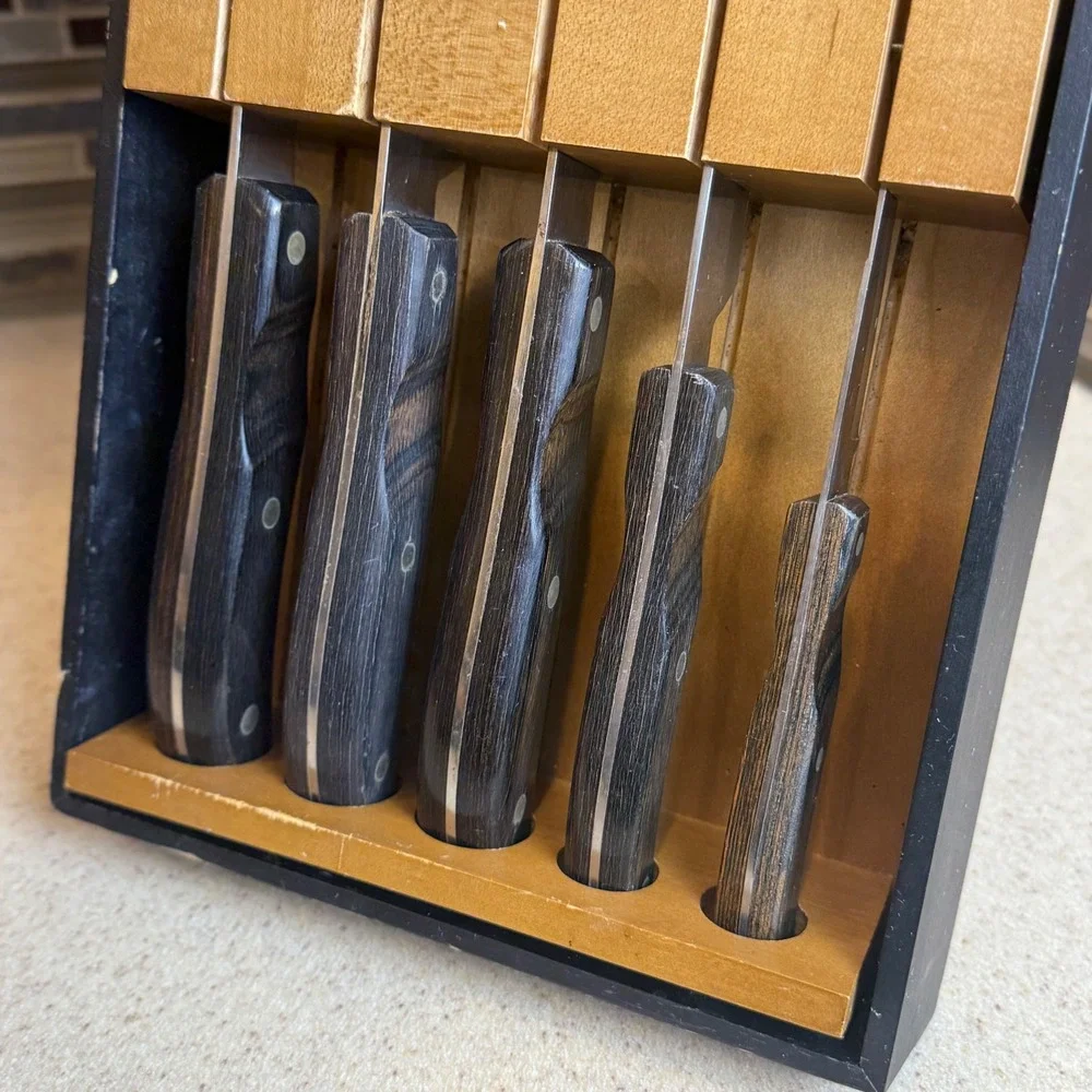 Vintage 1960s Ekco Arrowhead Knife Set 5 Piece Wood Handle USA Maple Wall Holder
